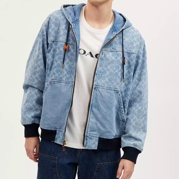 Coach Signature Denim Hooded Zip Up Jacket - Picture 2 of 10